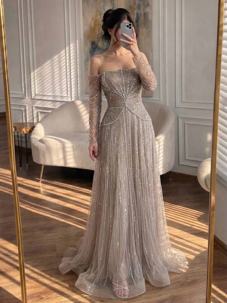 Nove Dress beige A-Linie Abendkleid im arabischen Stil