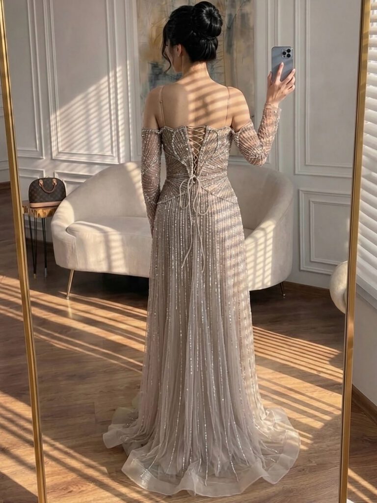 Nove Dress beige A-Linie Abendkleid im arabischen Stil