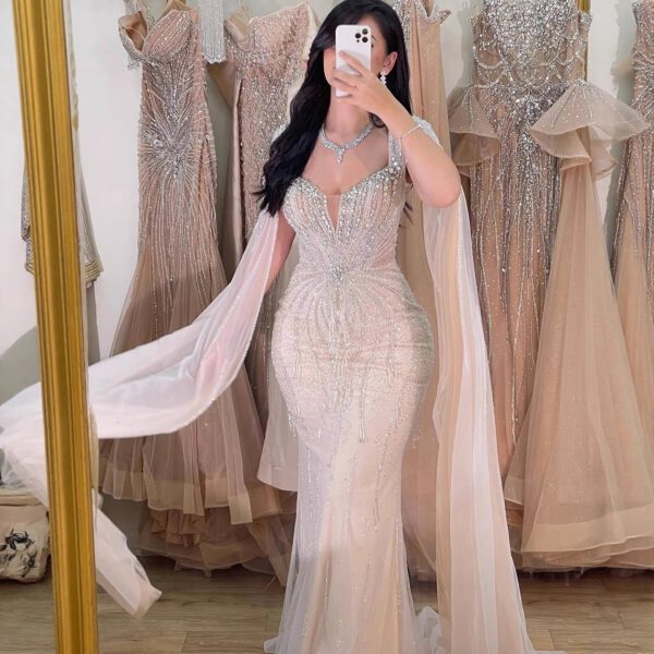 Nove Dress Beige Beaded Cape Sleeve Evening Dress 1 - Nove Dress