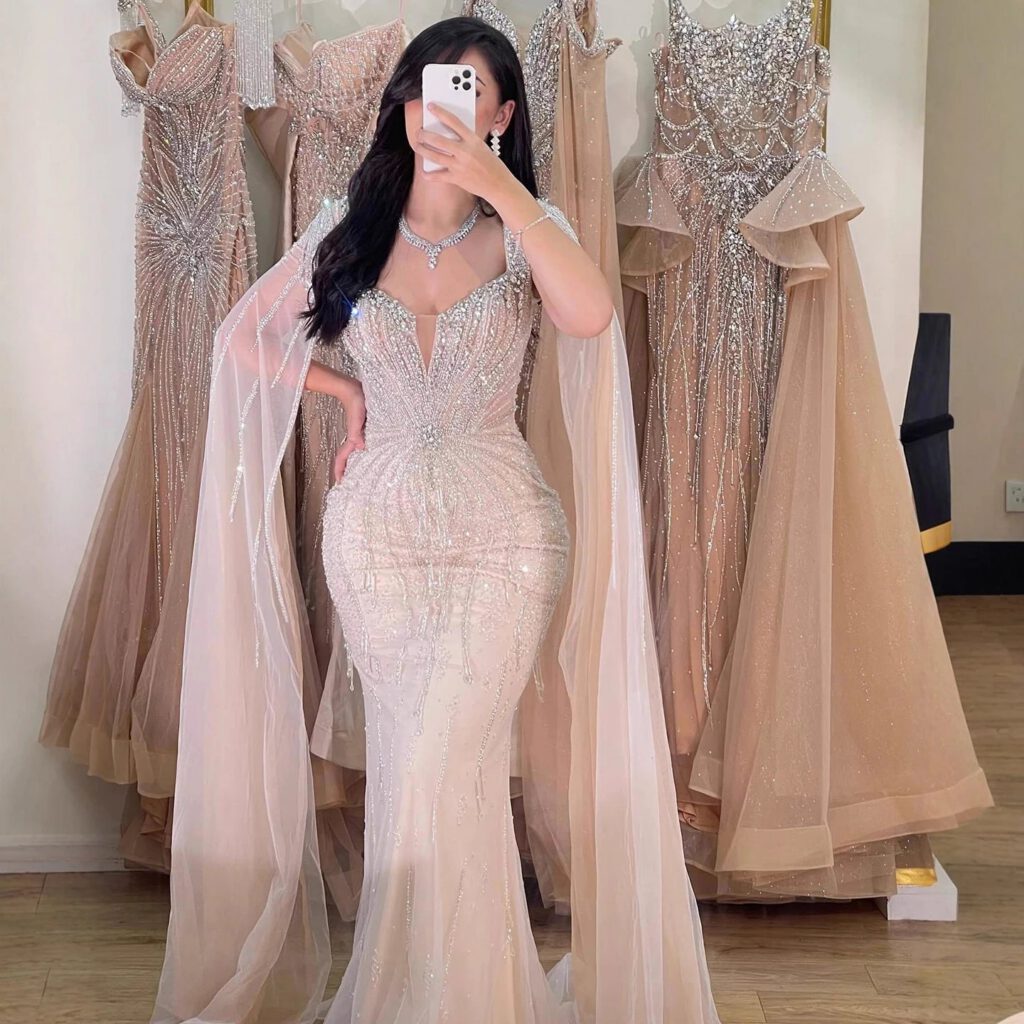 Nove Dress Beige Beaded Cape Sleeve Evening Dress