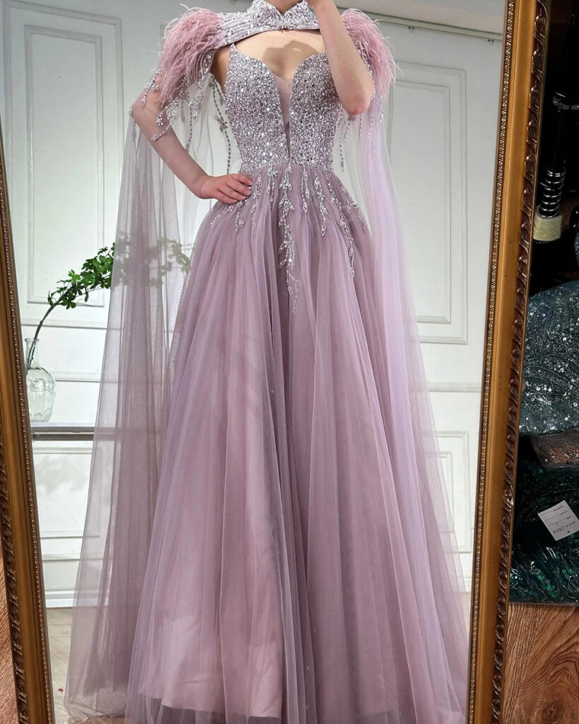 Nove Dress Beige Beaded Feather A-Line Arabic Evening Dress