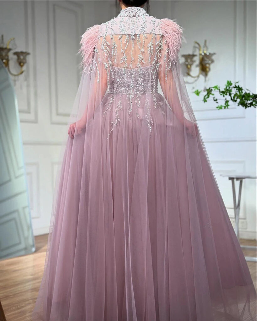 Nove Dress Beige Beaded Feather A-Line Arabic Evening Dress