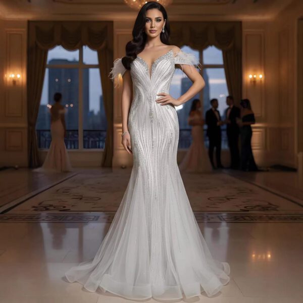 Nove Dress Beige Beaded Feather Mermaid Evening Dress 1 - Nove Dress