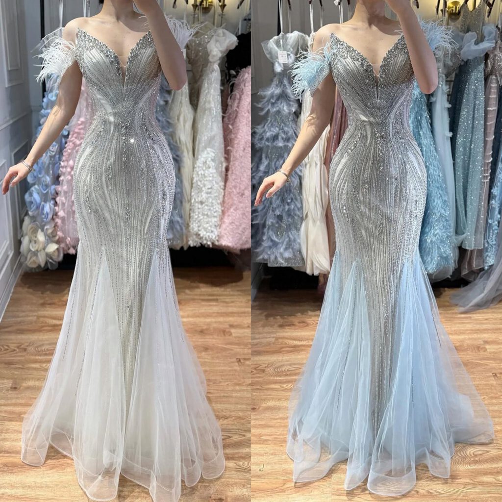 Nove Dress beige Meerjungfrau Abendkleid mit Perlenstickerei und Federn