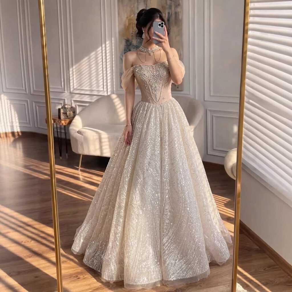 Nove Dress Beige Crystal Beaded A-Line Evening Dress