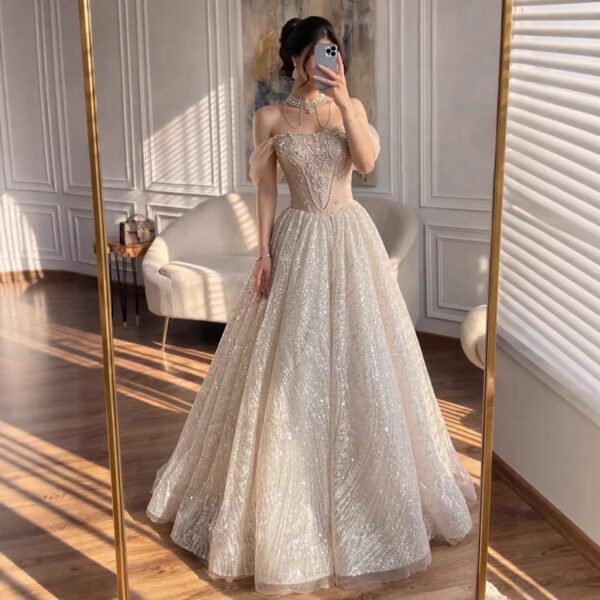 Nove Dress Beige Crystal Beaded A-Line Evening Dress 1 - Nove Dress