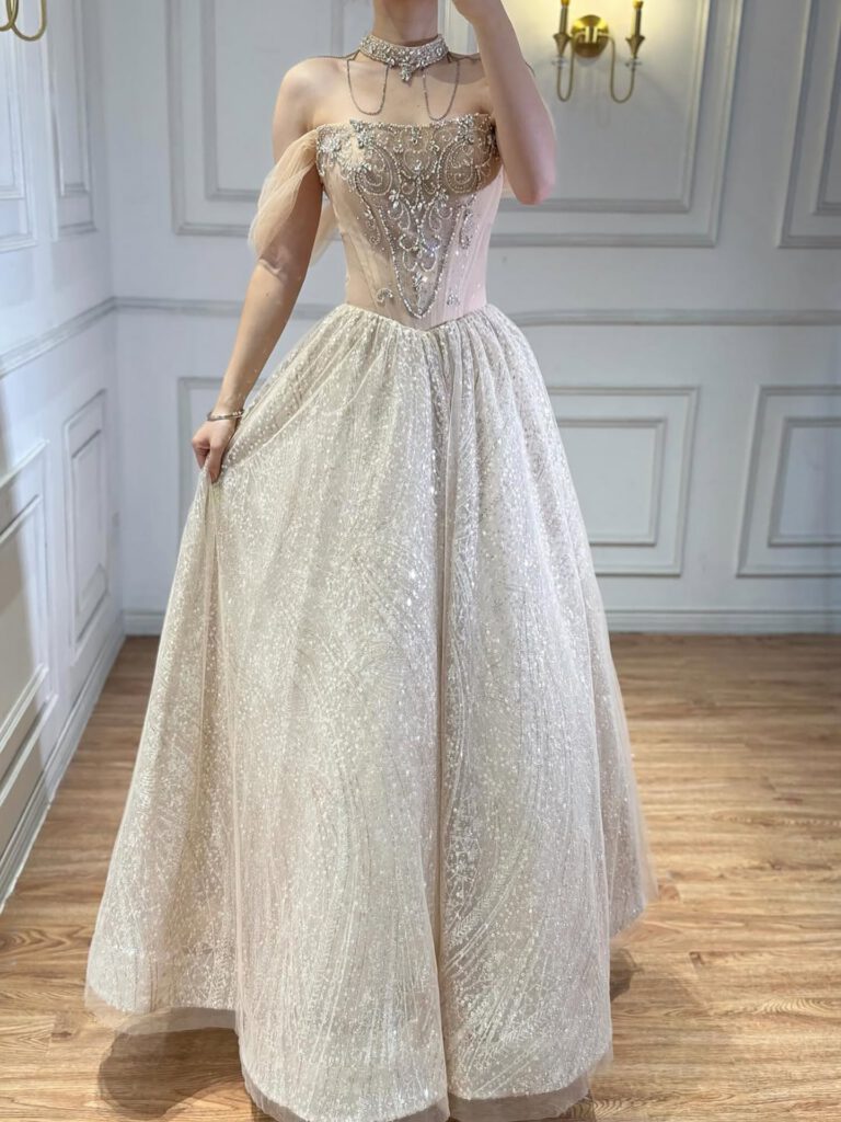 Nove Dress Beige Crystal Beaded A-Line Evening Dress