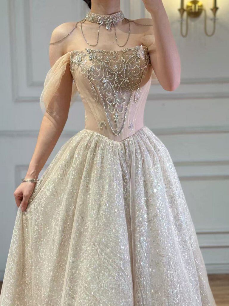 Nove Dress Beige Crystal Beaded A-Line Evening Dress