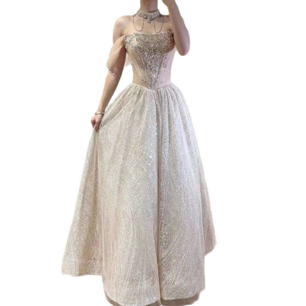 Nove Dress Beige Crystal Beaded A-Line Evening Dress