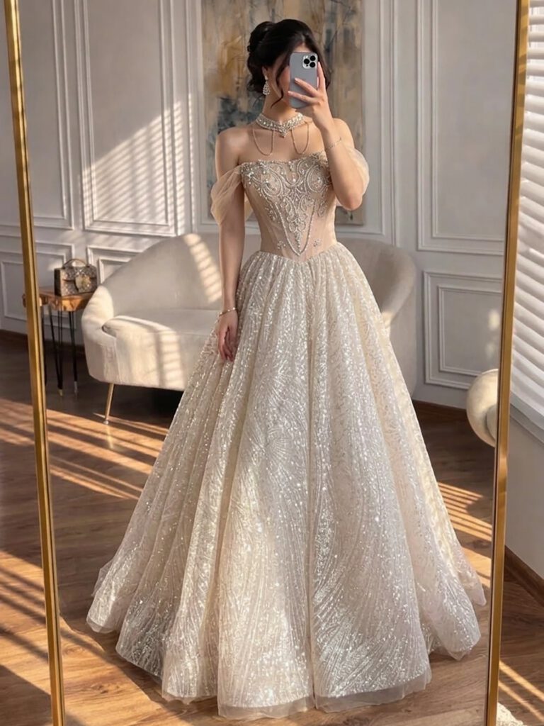 Nove Dress Beige Crystal Beaded A-Line Evening Dress
