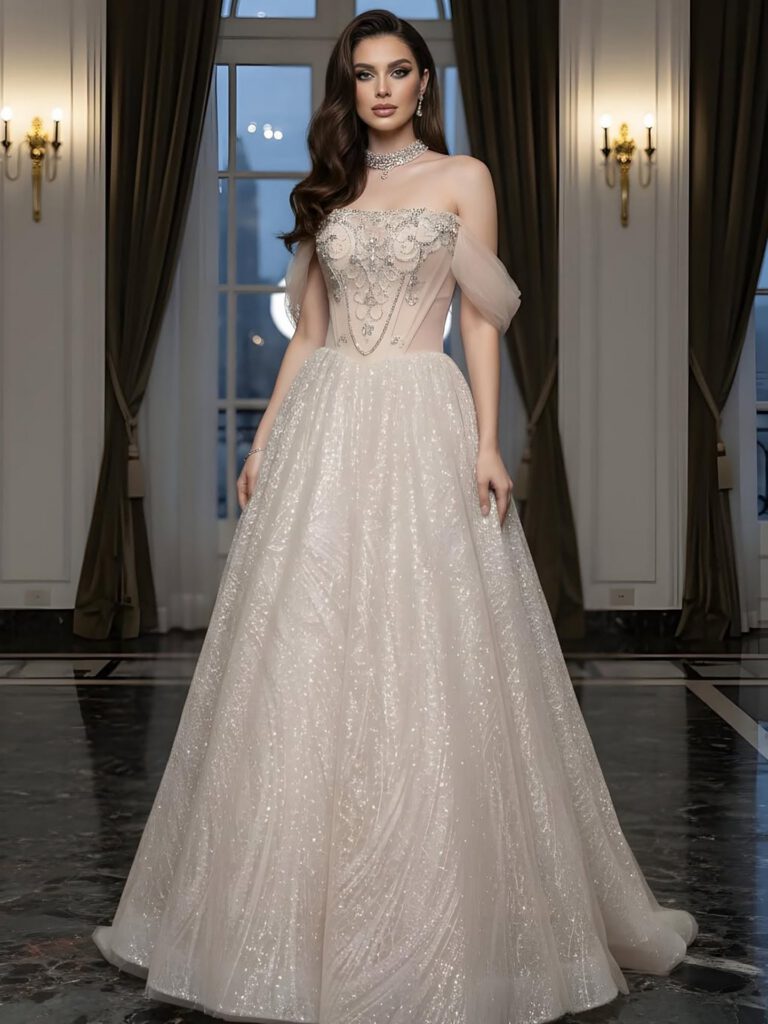 Nove Dress Beige Crystal Beaded A-Line Evening Dress