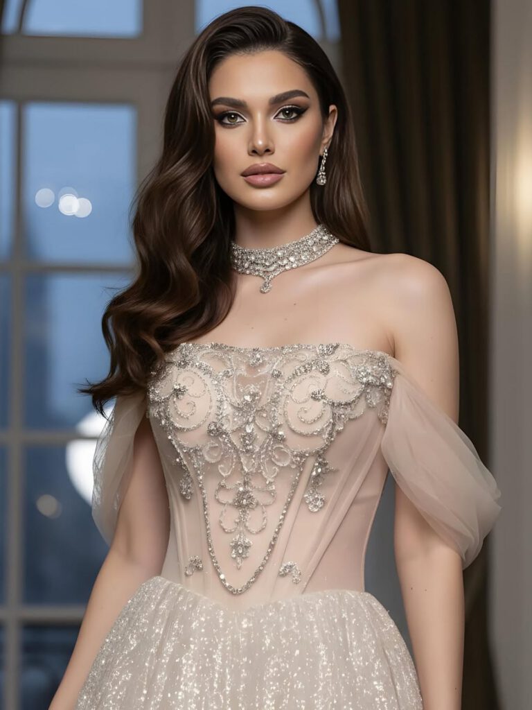 Nove Dress Beige Crystal Beaded A-Line Evening Dress