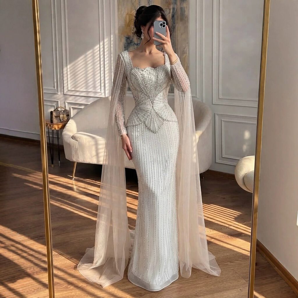 Nove Dress beige Meerjungfrau Abendkleid mit Kristallbesatz, Cape-Ärmeln und hohem Schlitz