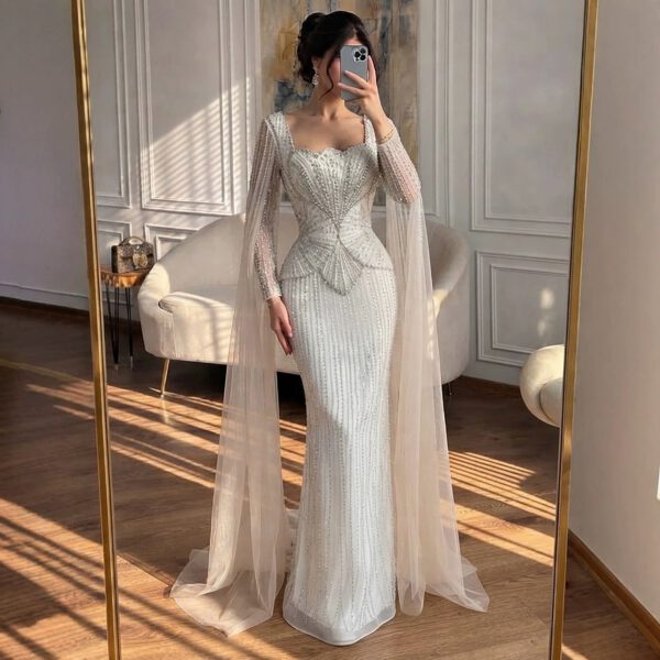 Nove Dress Beige Crystal Beaded Cape Sleeve High Slit Mermaid Evening Dress 1 - Nove Dress