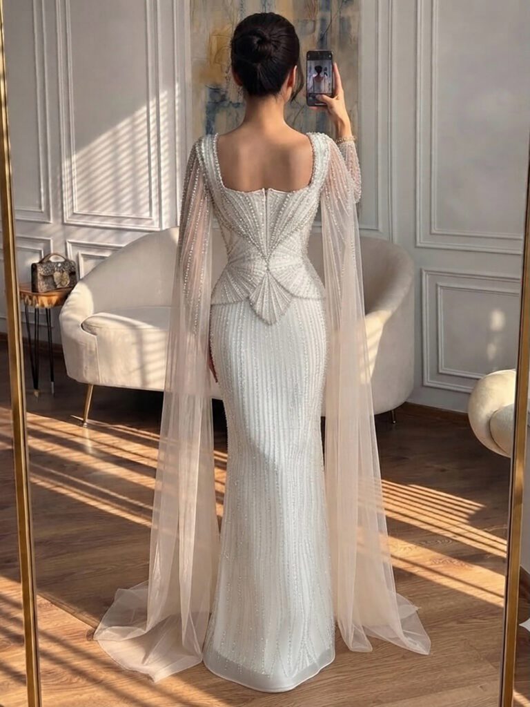 Nove Dress beige Meerjungfrau Abendkleid mit Kristallbesatz, Cape-Ärmeln und hohem Schlitz