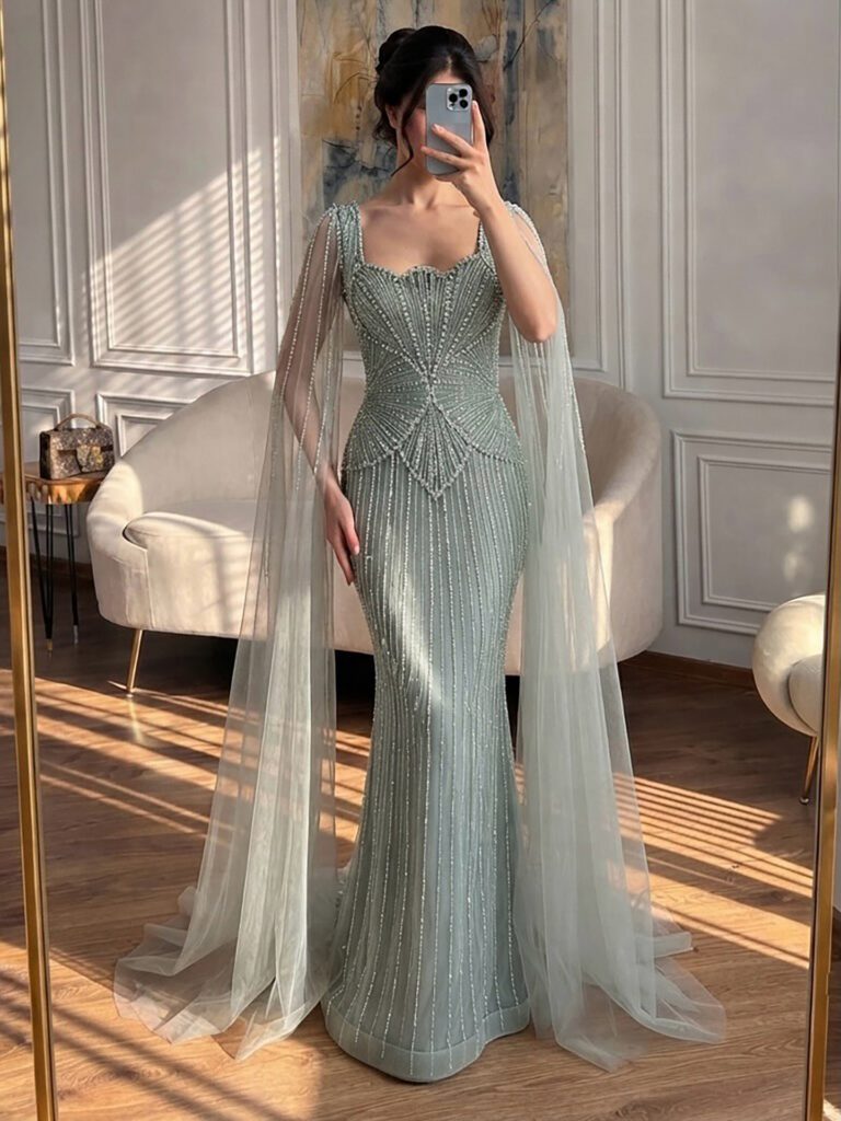 Nove Dress beige Meerjungfrau Abendkleid mit Kristallbesatz, Cape-Ärmeln und hohem Schlitz