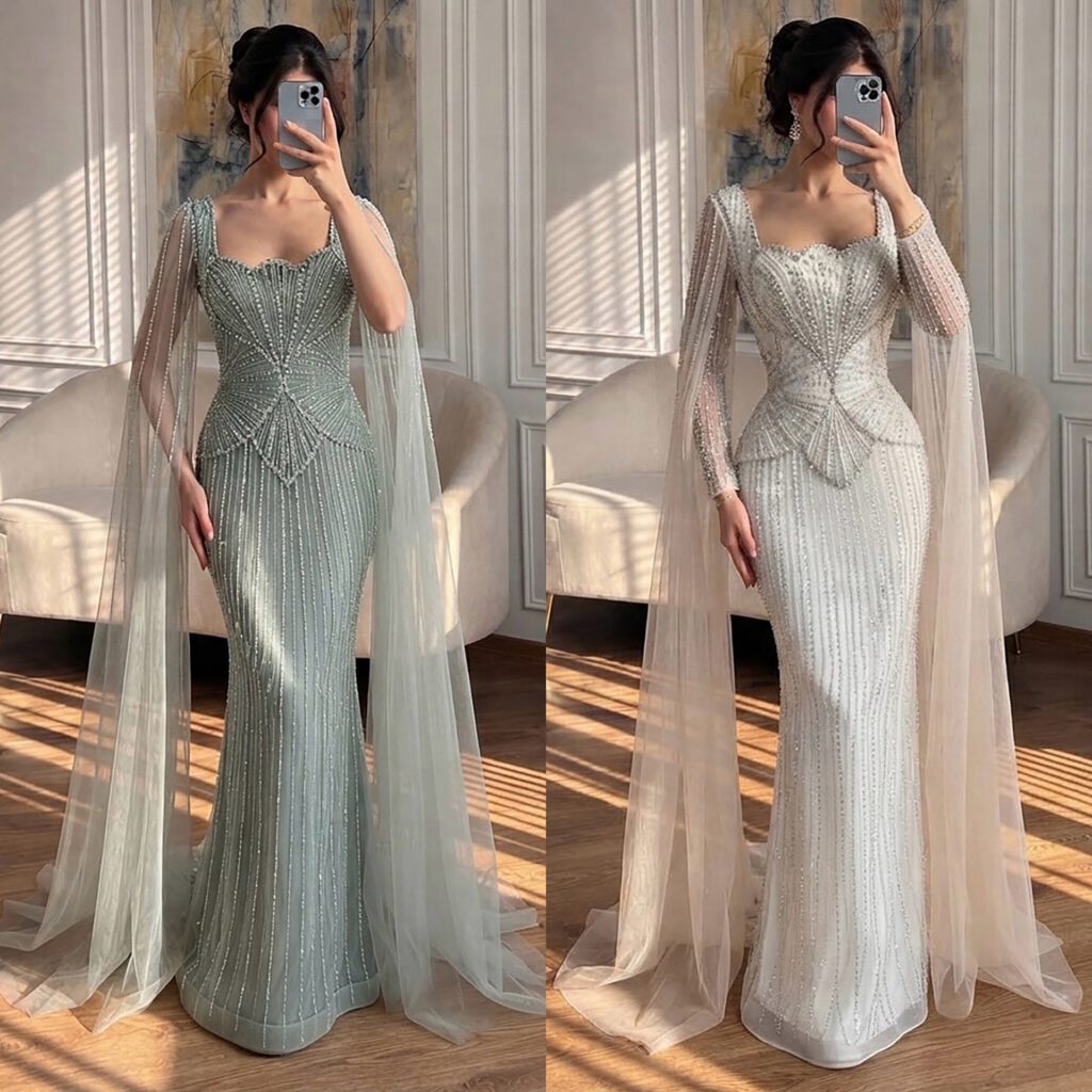 Nove Dress beige Meerjungfrau Abendkleid mit Kristallbesatz, Cape-Ärmeln und hohem Schlitz