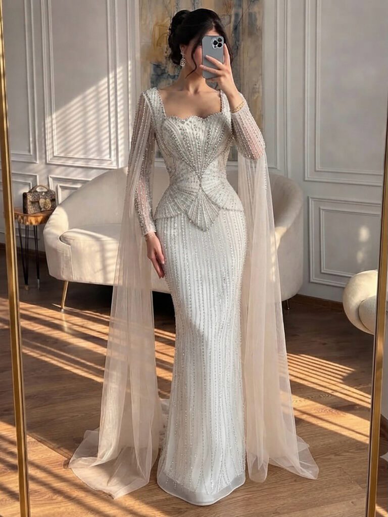 Nove Dress beige Meerjungfrau Abendkleid mit Kristallbesatz, Cape-Ärmeln und hohem Schlitz