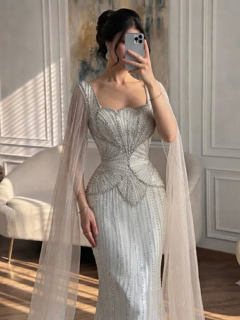 Nove Dress beige Meerjungfrau Abendkleid mit Kristallbesatz, Cape-Ärmeln und hohem Schlitz