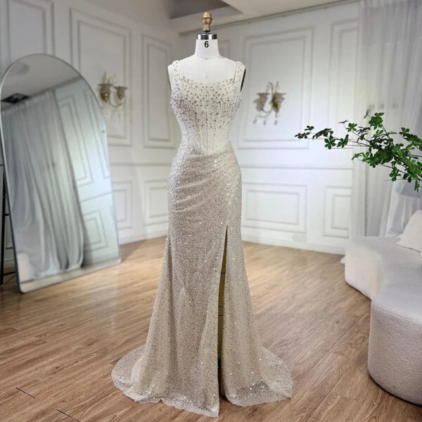 Nove Dress Beige Crystal Beaded Mermaid Arabic Evening Dress 1 - Nove Dress