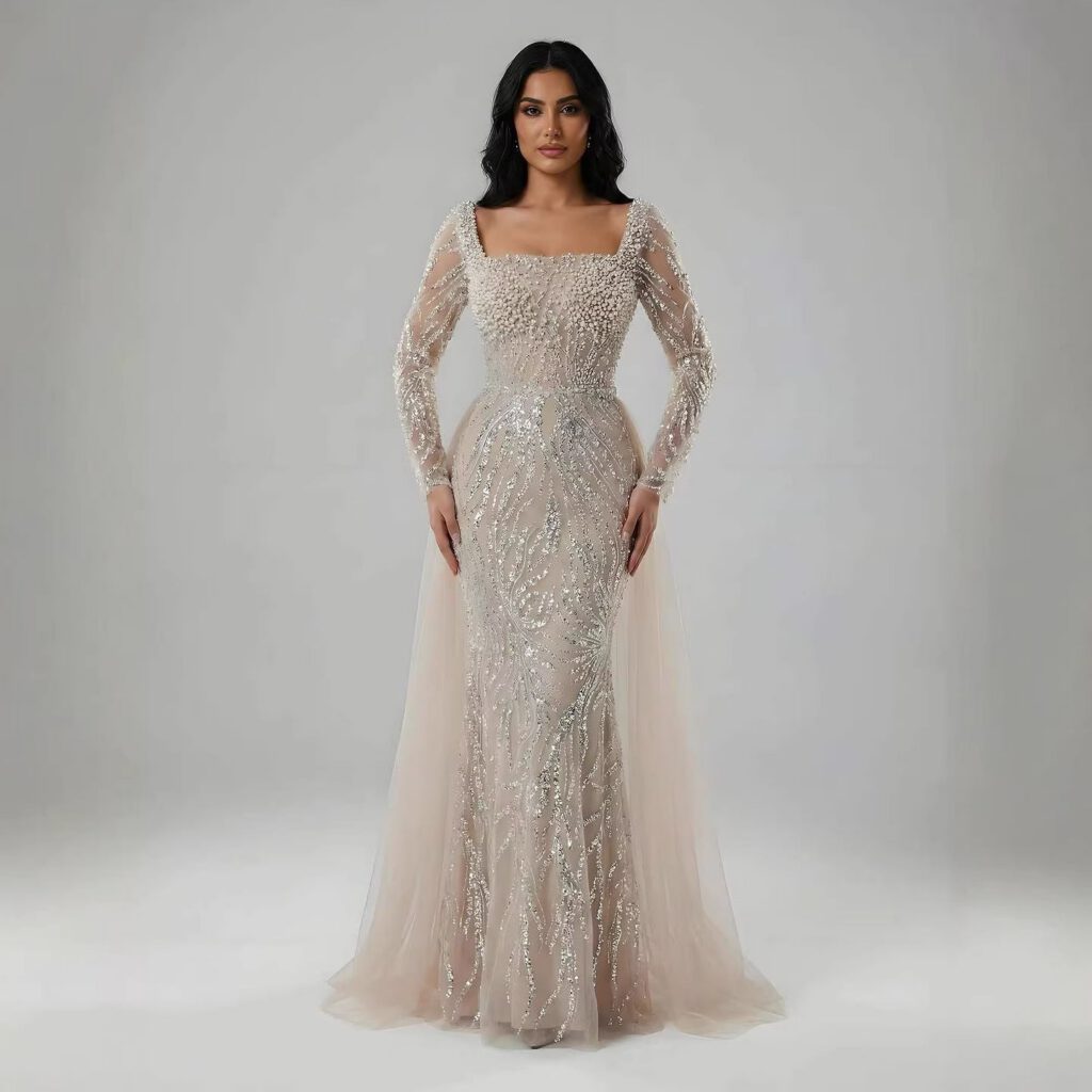 Nove Dress Beige Pearl Beaded Mermaid Arabic Evening Dress
