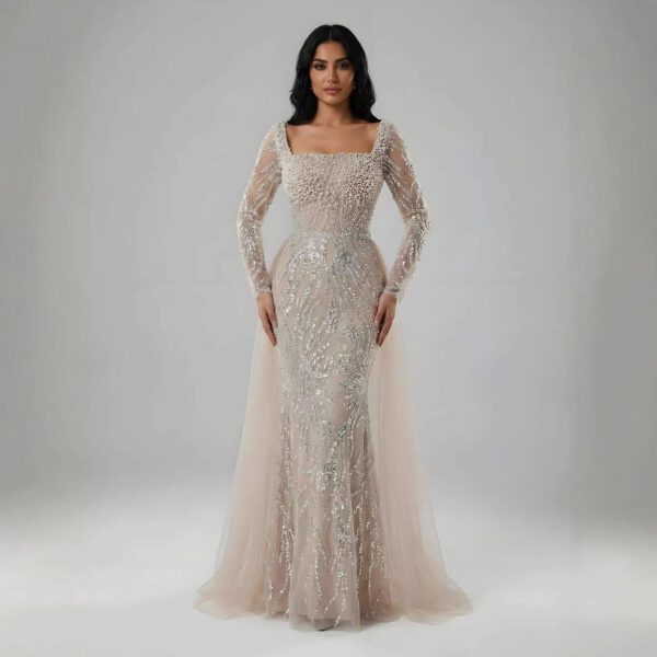 Nove Dress Beige Pearl Beaded Mermaid Arabic Evening Dress 1 - Nove Dress