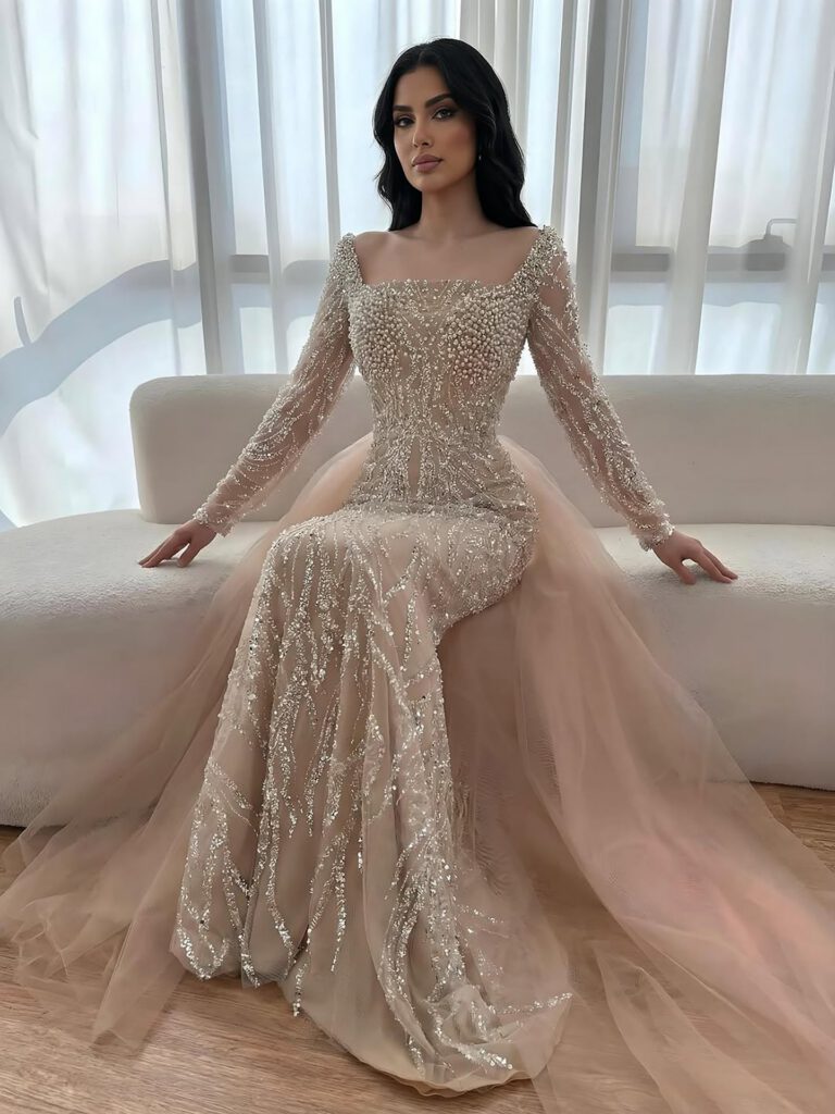 Nove Dress Beige Pearl Beaded Mermaid Arabic Evening Dress