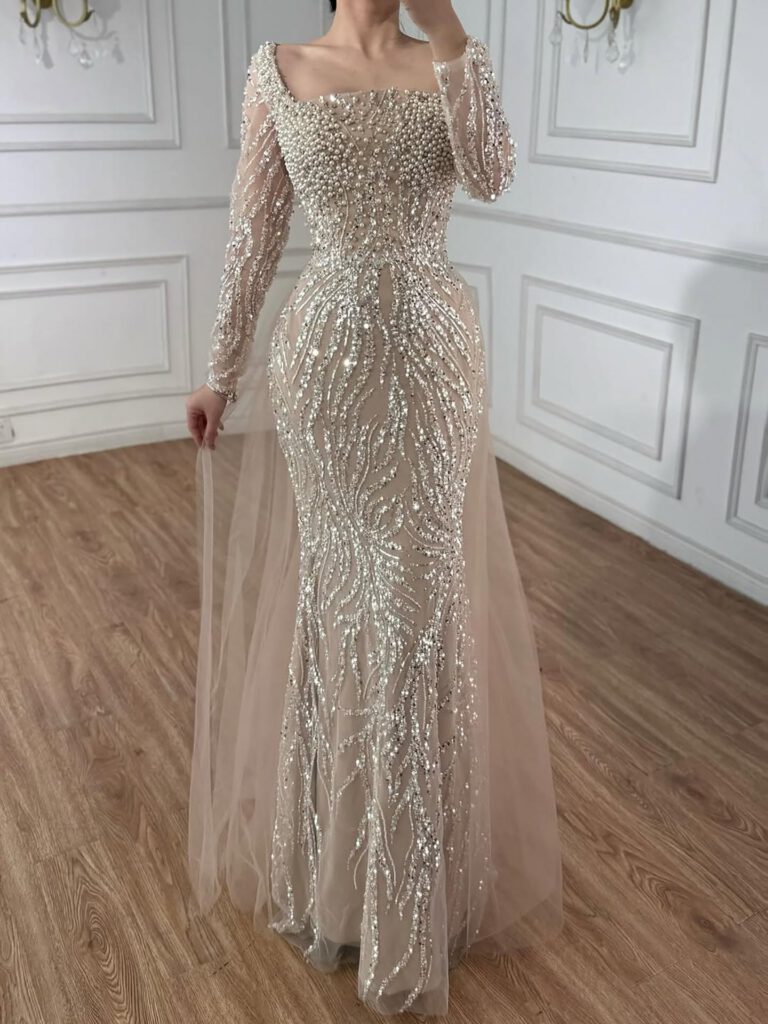 Nove Dress Beige Pearl Beaded Mermaid Arabic Evening Dress