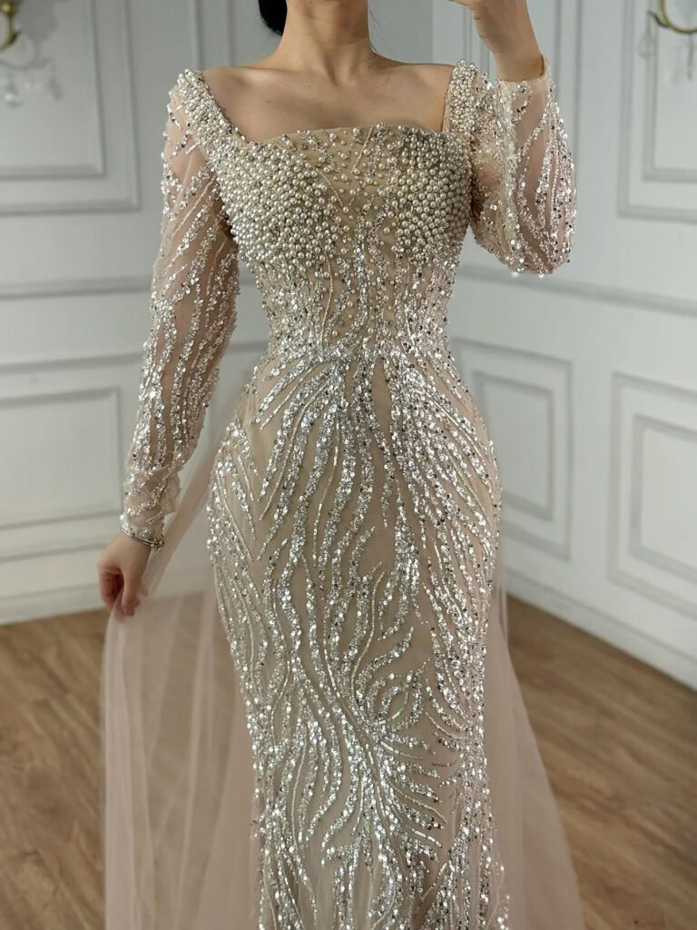 Nove Dress Beige Pearl Beaded Mermaid Arabic Evening Dress