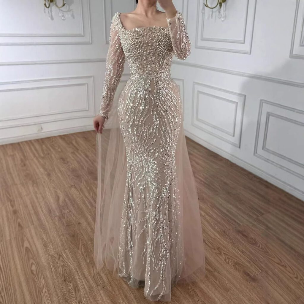 Nove Dress Beige Pearl Beaded Mermaid Arabic Evening Dress