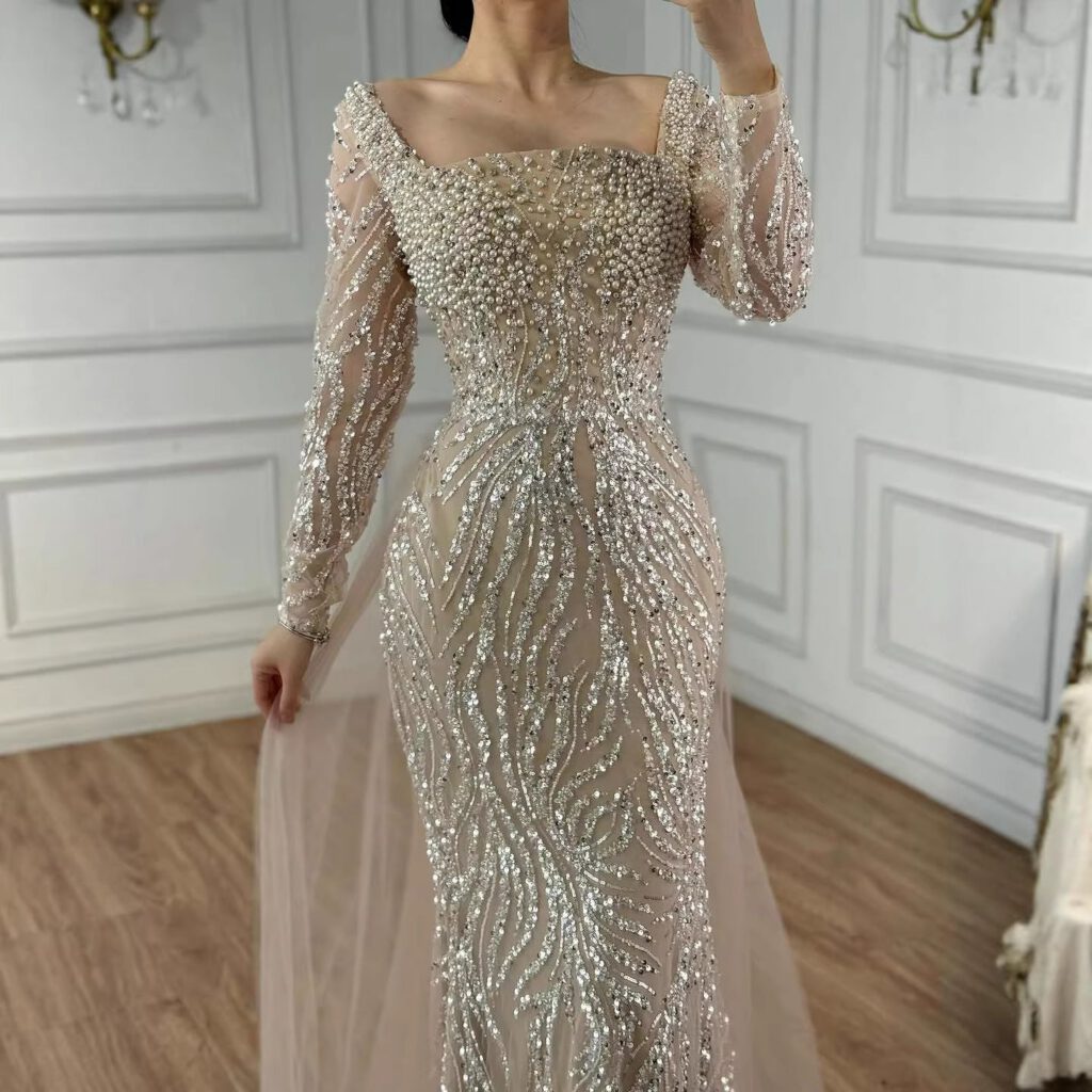 Nove Dress Beige Pearl Beaded Mermaid Arabic Evening Dress