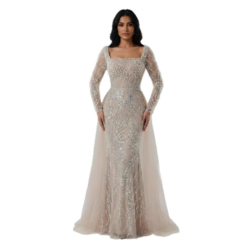 Nove Dress Beige Pearl Beaded Mermaid Arabic Evening Dress