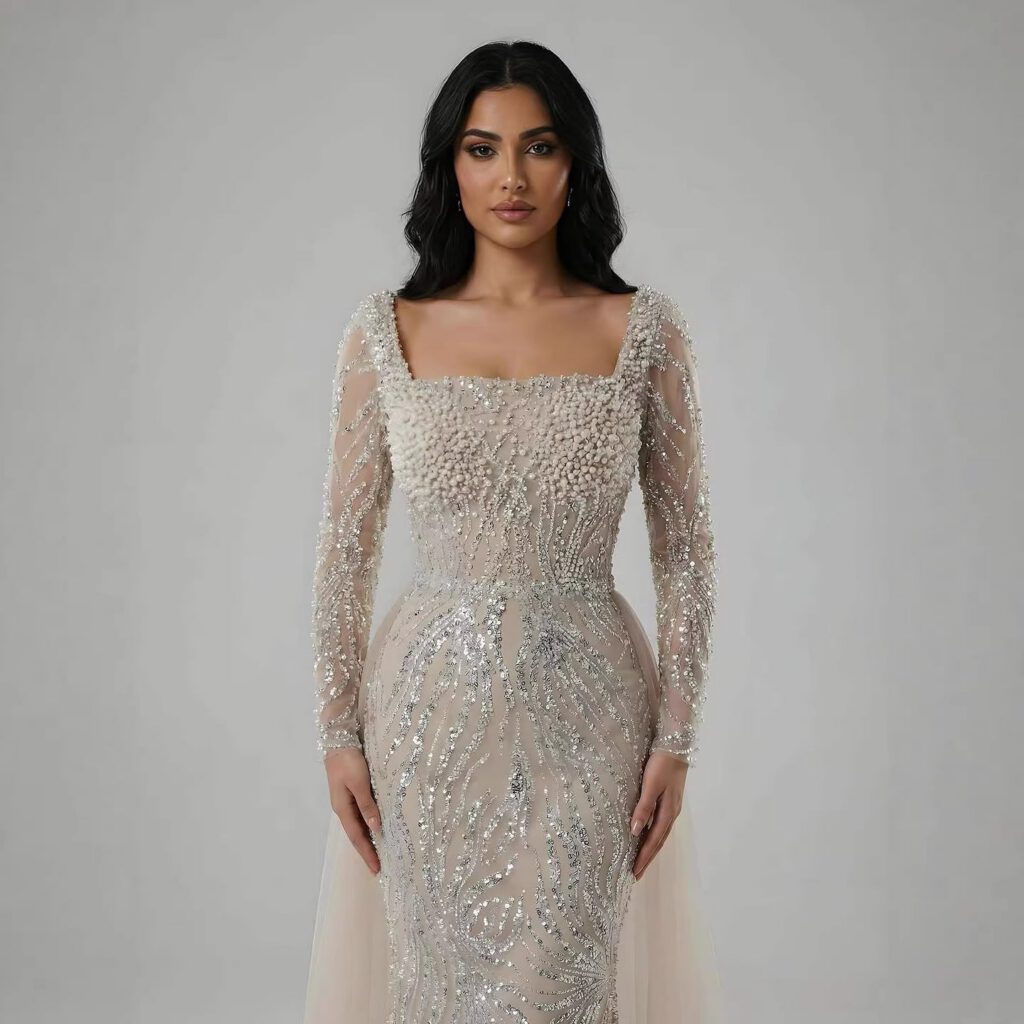 Nove Dress Beige Pearl Beaded Mermaid Arabic Evening Dress