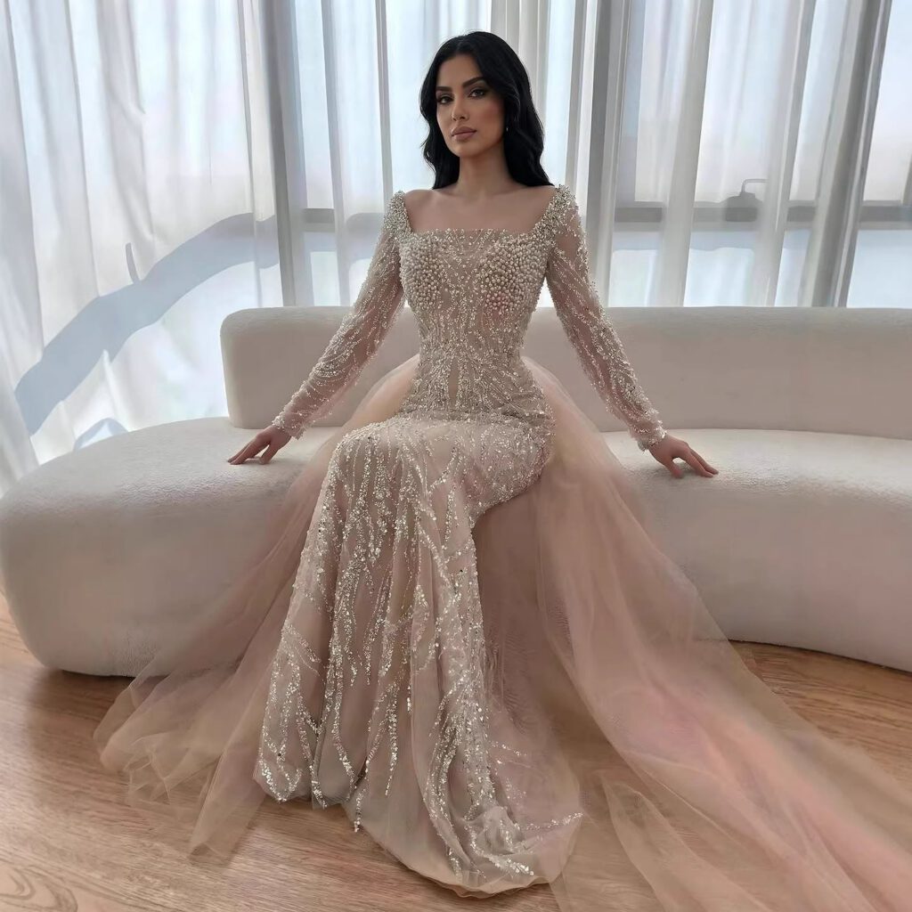Nove Dress Beige Pearl Beaded Mermaid Arabic Evening Dress
