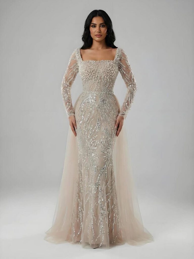 Nove Dress Beige Pearl Beaded Mermaid Arabic Evening Dress