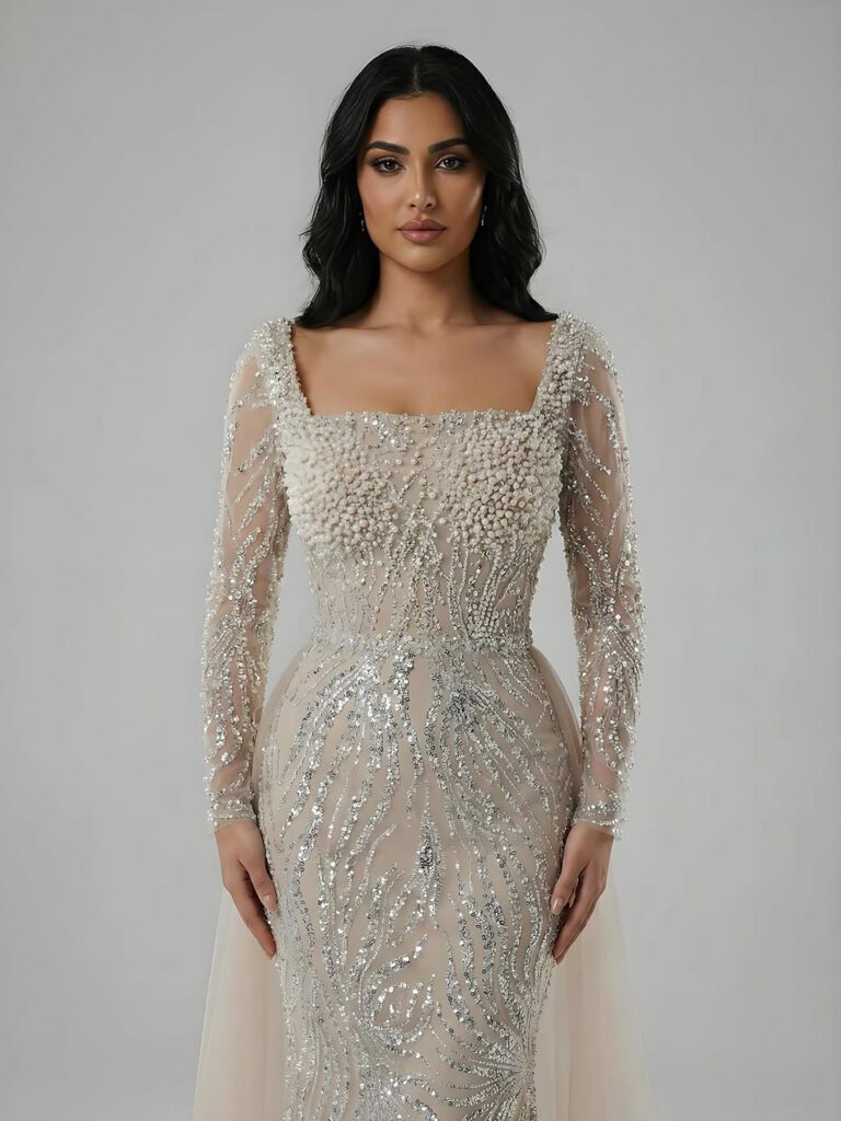 Nove Dress Beige Pearl Beaded Mermaid Arabic Evening Dress