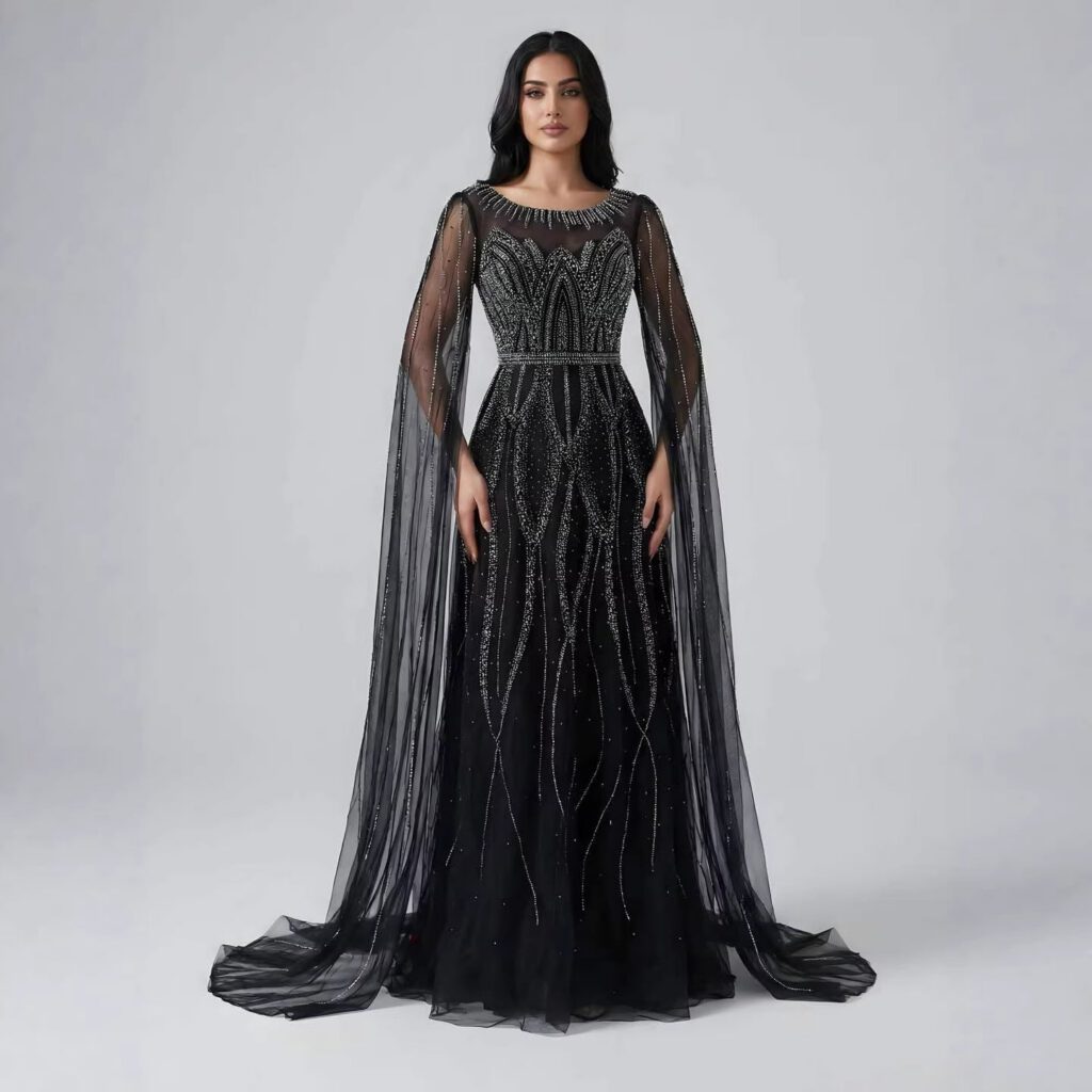 Nove Dress فستان سهرة أسود قصة A-line مطرز أكمام كيب عربي