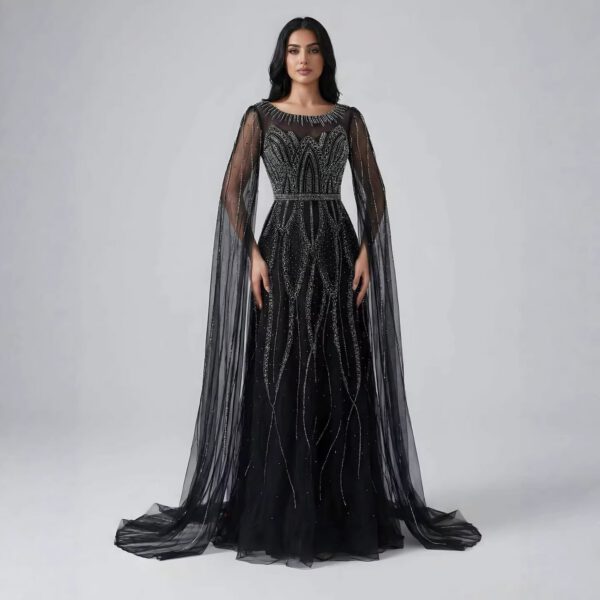 Nove Dress Black Beaded Cape Sleeve A-Line Arabic Evening Dress 1 - Nove Dress