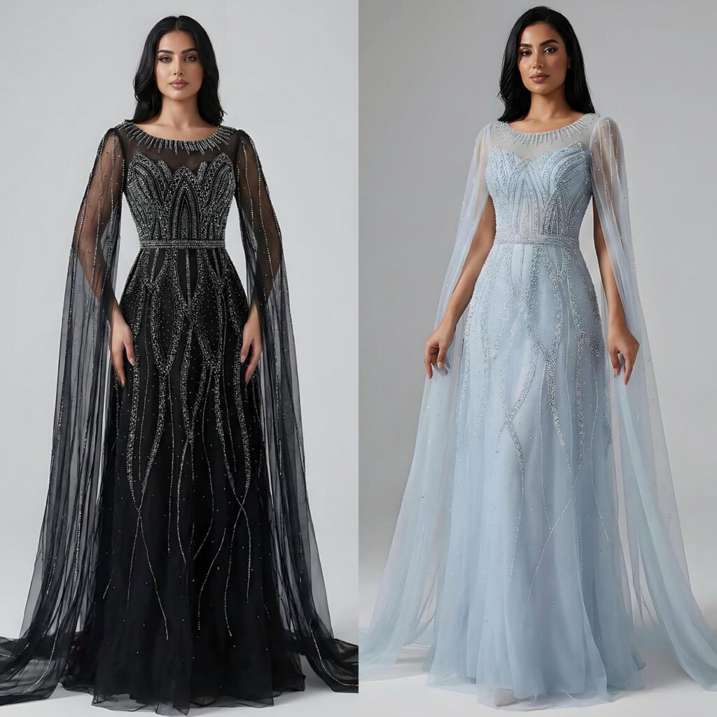 Nove Dress فستان سهرة أسود قصة A-line مطرز أكمام كيب عربي