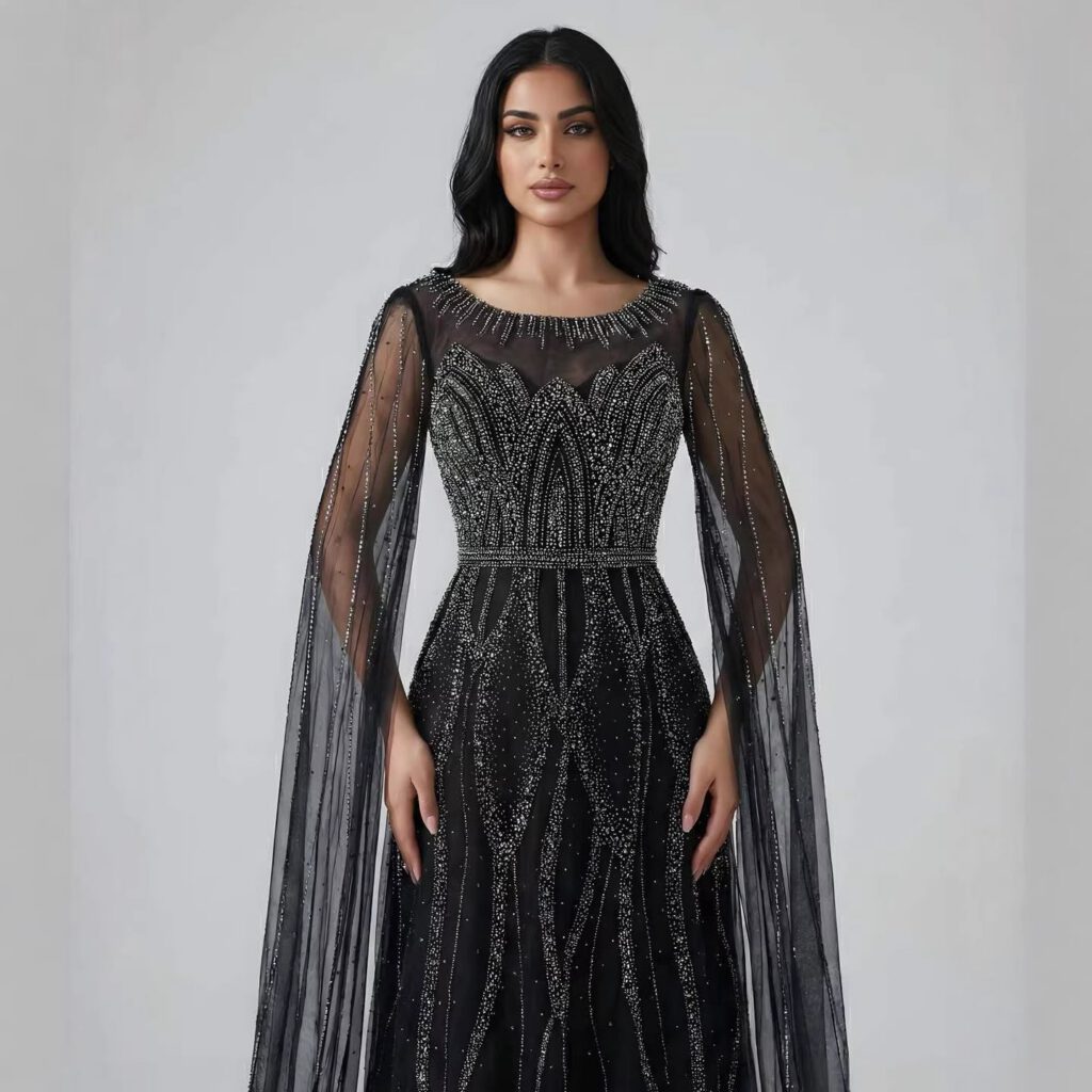 Nove Dress فستان سهرة أسود قصة A-line مطرز أكمام كيب عربي