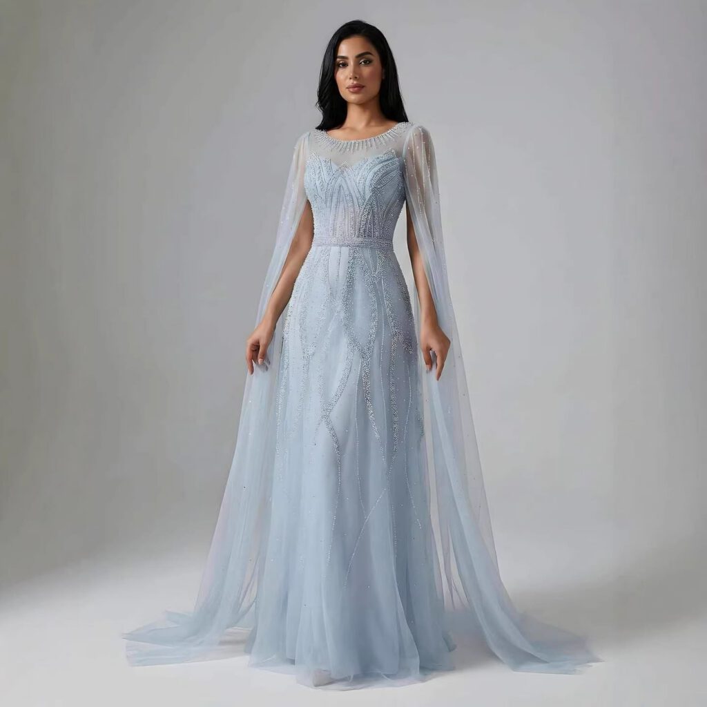 Nove Dress فستان سهرة أسود قصة A-line مطرز أكمام كيب عربي