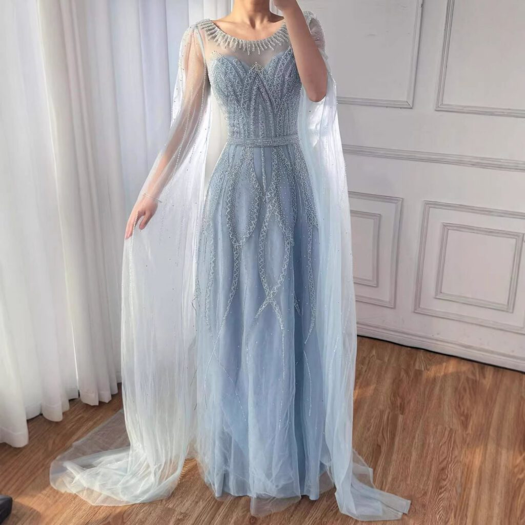 Nove Dress فستان سهرة أسود قصة A-line مطرز أكمام كيب عربي