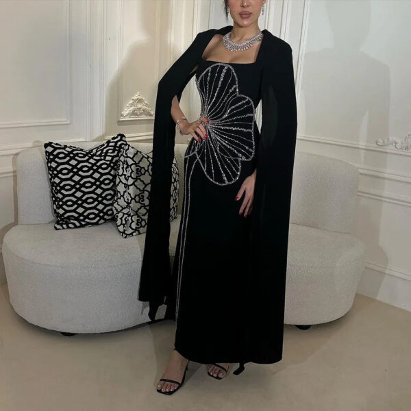 Nove Dress Black Beaded Cape Sleeve Arabic Evening Dress 1 - Nove Dress