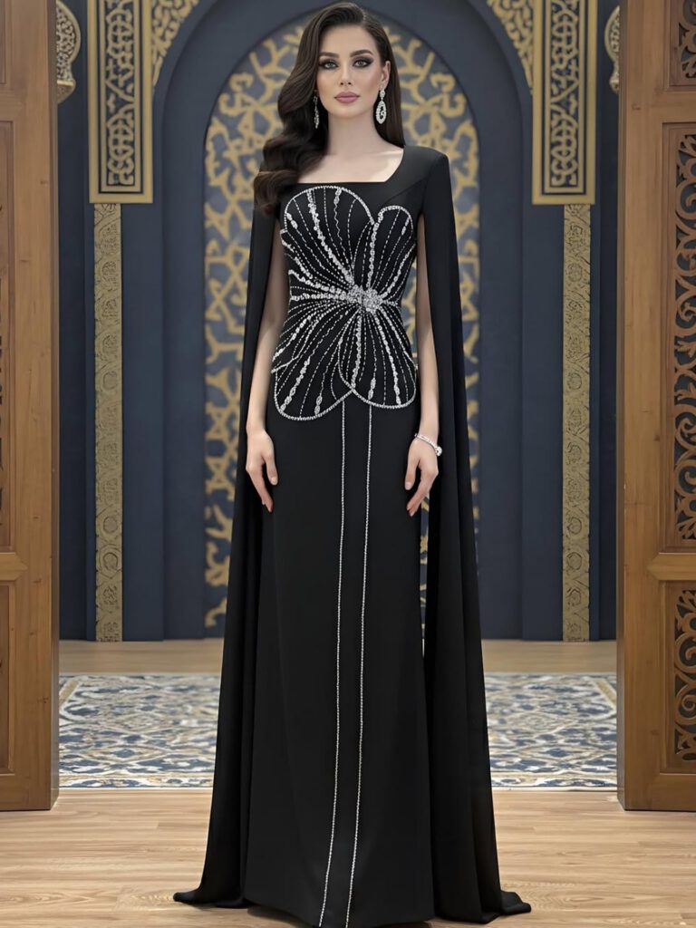 Nove Dress فستان سهرة أسود مطرز أكمام كيب عربي