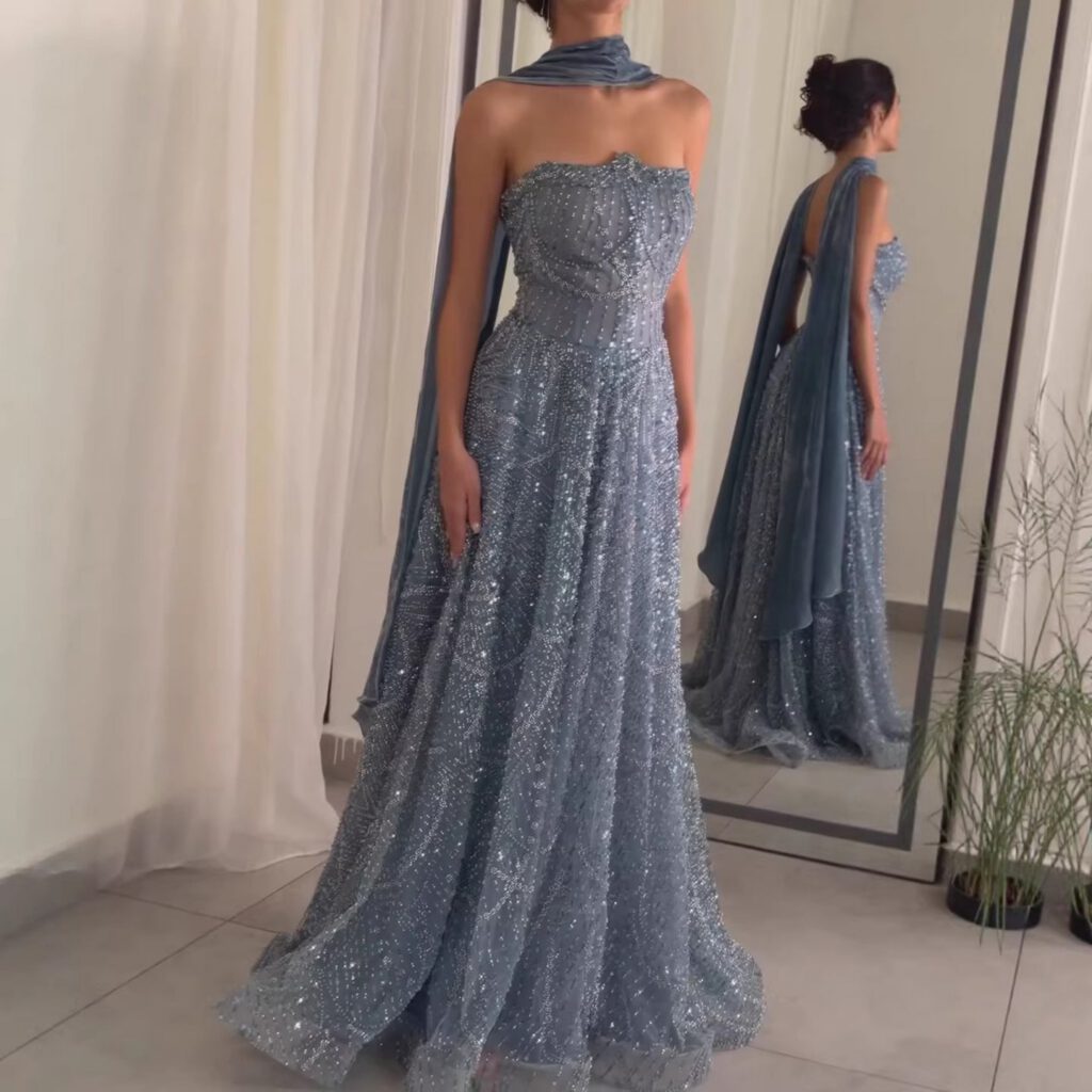 Nove Dress Blue Beaded A-Line Evening Dress