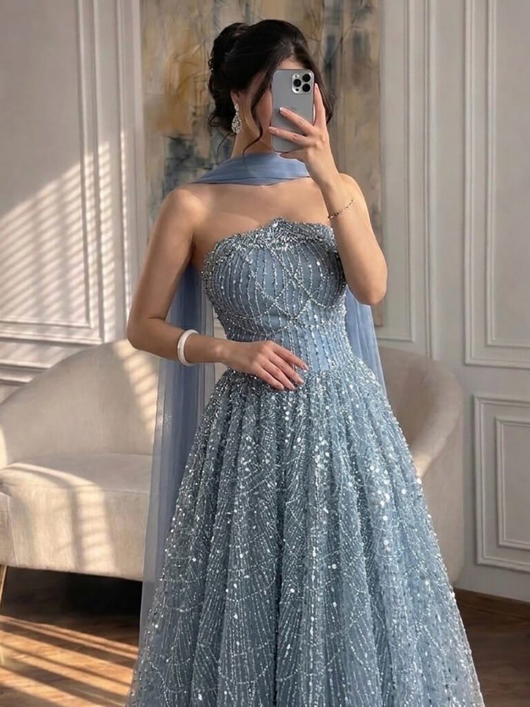 Nove Dress Blue Beaded A-Line Evening Dress