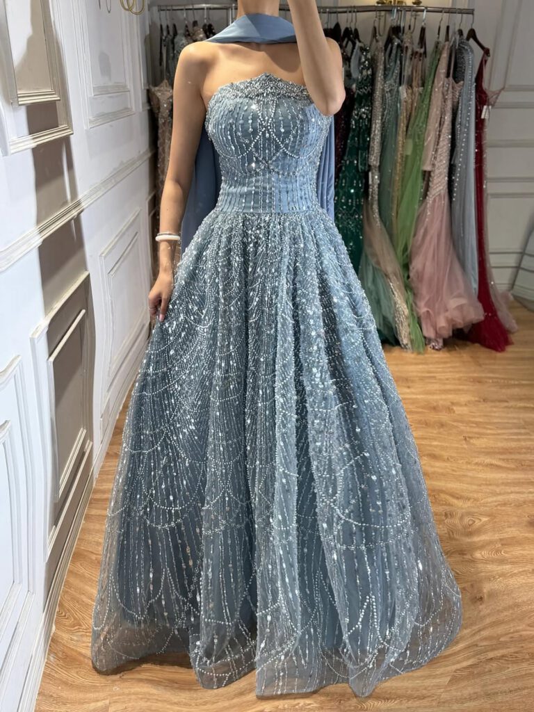 Nove Dress Blue Beaded A-Line Evening Dress