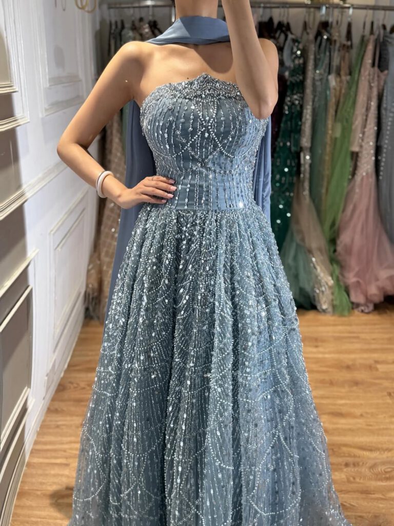 Nove Dress Blue Beaded A-Line Evening Dress