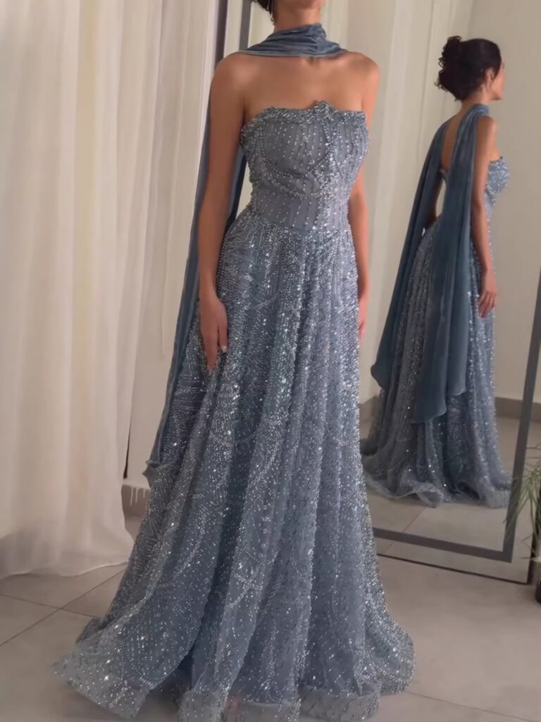 Nove Dress Blue Beaded A-Line Evening Dress