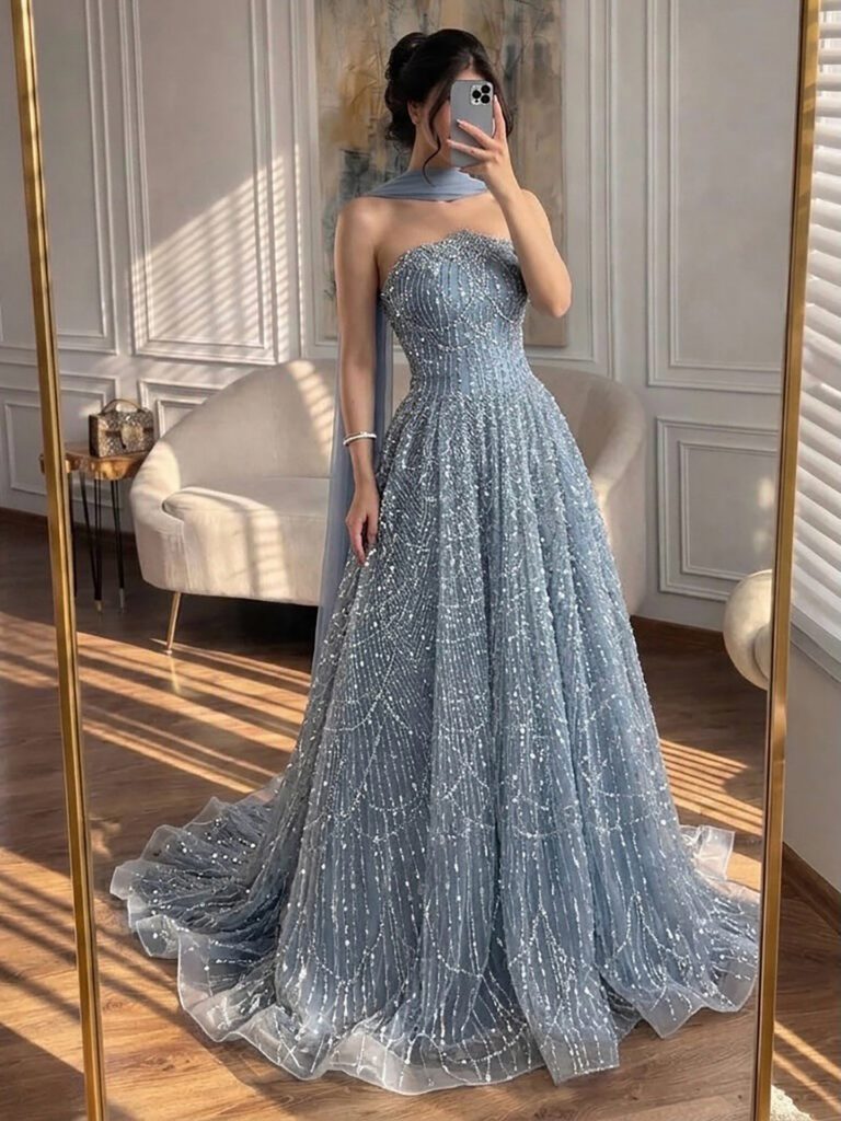 Nove Dress Blue Beaded A-Line Evening Dress